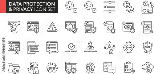 Data protection and privacy cookie consent line icon set featuring GDPR compliance user permissions anonymization security monitoring vector collection