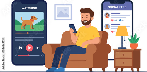 Man sitting on couch watching dog video on phone next to social feed