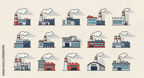 Collection of Industrial Factory Buildings with Smoke Stacks.