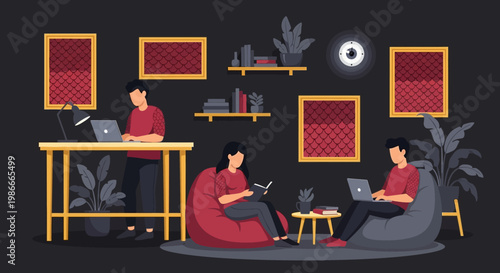 People working remotely in a cozy home office environment.