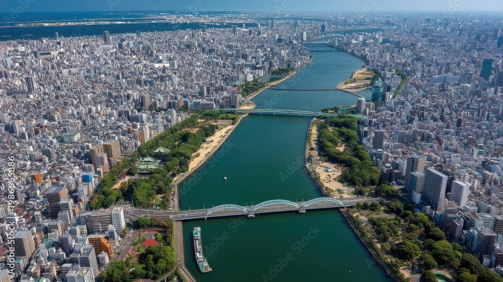 Obraz premium Aerial View of Urban Landscape with Waterways, Bridges, and Green Spaces in a Bustling City Environment