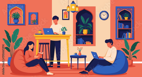 People working remotely in a cozy home office environment.