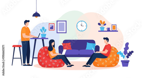 People working on laptops in a casual office setting.