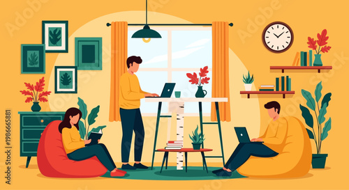 People working remotely in a cozy home office environment.