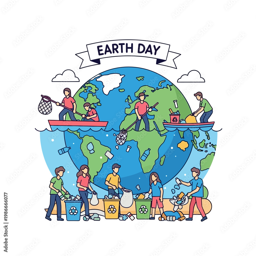 Naklejka premium Earth Day Cleanup: People cleaning ocean and land, protecting planet, recycling, environmental care