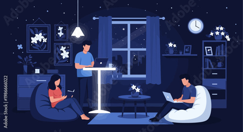 People working on laptops in a cozy living room at night.