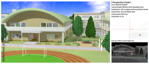 学校の景色：運動場・中庭から見た各種アングル
[背景画のパースガイドとして以下の情報が素材に記載しています。拡大コピペしてお使いください]
Look at Point (注視点)   （赤の十字）
レンズ高（接地足元基準）（白の水平線）
レンズ: 50mm (標準)
灰色ロボの頭　＝165cm＝天井グリッド	（緑）
ロボ二体の足裏＝  0cm＝地面グリッド	（青）
縮尺：41.2%