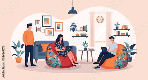 People working on laptops in a cozy living room setting.