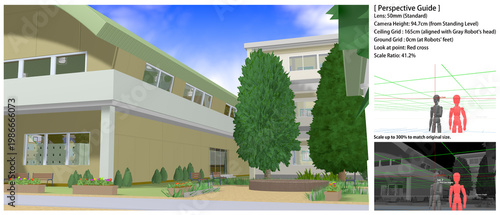 学校の景色：運動場・中庭から見た各種アングル
[背景画のパースガイドとして以下の情報が素材に記載しています。拡大コピペしてお使いください]
Look at Point (注視点)   （赤の十字）
レンズ高（接地足元基準）（白の水平線）
レンズ: 50mm (標準)
灰色ロボの頭　＝165cm＝天井グリッド	（緑）
ロボ二体の足裏＝  0cm＝地面グリッド	（青）
縮尺：41.2%