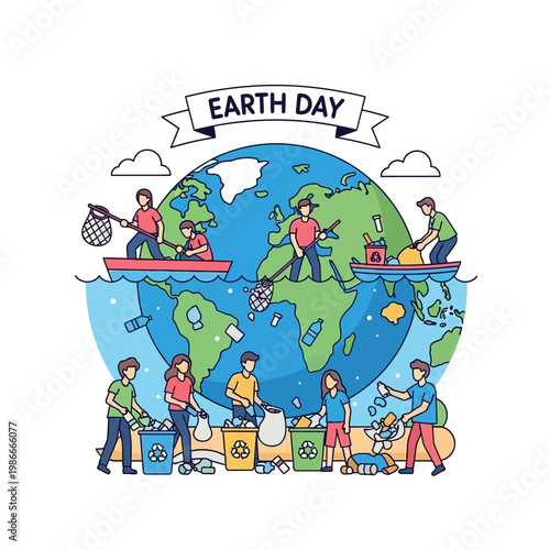 Earth Day Cleanup: People cleaning ocean and land, protecting planet, recycling, environmental care