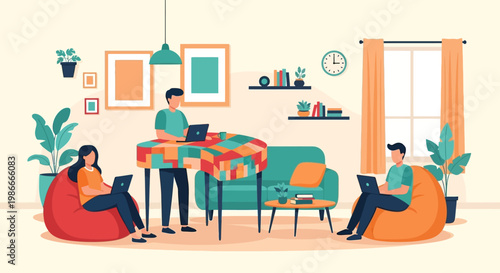 People working on laptops in a cozy living room setting.