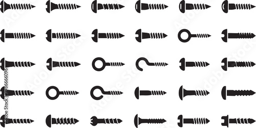 Complete Screw Silhouette Icon Set, 30 Black Vector Symbols of Various Fasteners including Wood Screws, Self-Tapping, Bolts, and Eye Hooks