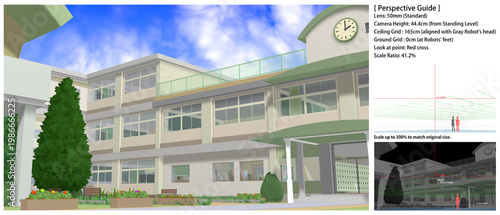 学校の景色：運動場・中庭から見た各種アングル
[背景画のパースガイドとして以下の情報が素材に記載しています。拡大コピペしてお使いください]
Look at Point (注視点)   （赤の十字）
レンズ高（接地足元基準）（白の水平線）
レンズ: 50mm (標準)
灰色ロボの頭　＝165cm＝天井グリッド	（緑）
ロボ二体の足裏＝  0cm＝地面グリッド	（青）
縮尺：41.2%