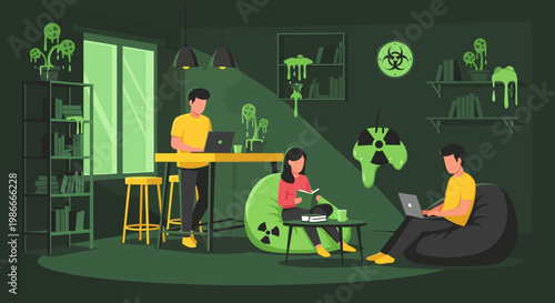 People working on laptops in a dimly lit room.