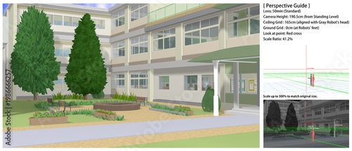 学校の景色：運動場・中庭から見た各種アングル
[背景画のパースガイドとして以下の情報が素材に記載しています。拡大コピペしてお使いください]
Look at Point (注視点)   （赤の十字）
レンズ高（接地足元基準）（白の水平線）
レンズ: 50mm (標準)
灰色ロボの頭　＝165cm＝天井グリッド	（緑）
ロボ二体の足裏＝  0cm＝地面グリッド	（青）
縮尺：41.2%