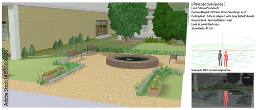 学校の景色：運動場・中庭から見た各種アングル
[背景画のパースガイドとして以下の情報が素材に記載しています。拡大コピペしてお使いください]
Look at Point (注視点)   （赤の十字）
レンズ高（接地足元基準）（白の水平線）
レンズ: 50mm (標準)
灰色ロボの頭　＝165cm＝天井グリッド	（緑）
ロボ二体の足裏＝  0cm＝地面グリッド	（青）
縮尺：41.2%