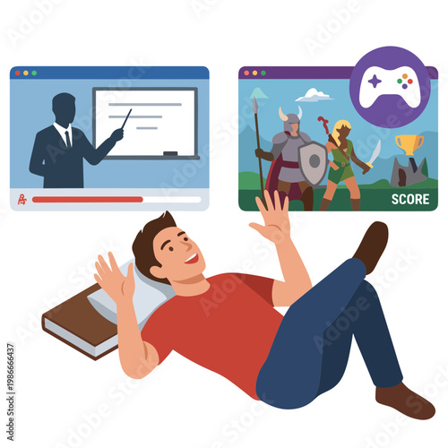 Man lying on floor watching educational video and playing online game