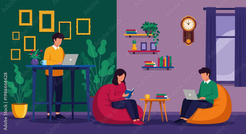 Fototapeta premium People working remotely in a modern co-working space.