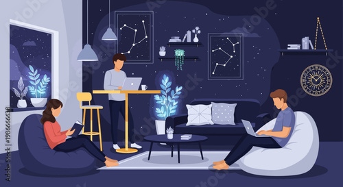 People working on laptops in a modern co-working space.