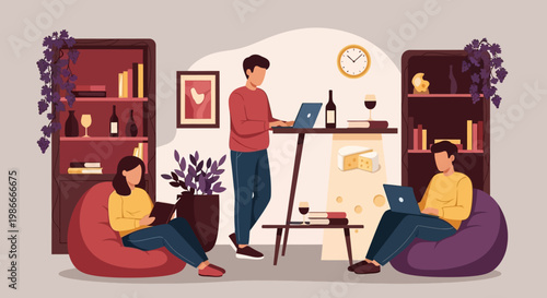 People working remotely in a modern home office setting.