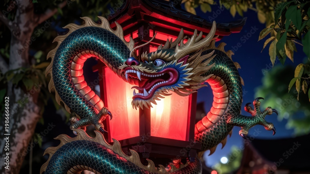 Obraz premium Colorful Dragon Lantern in Nighttime Garden Setting