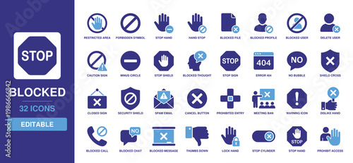 Blocked icon set showing solid glyph symbols for restricted access, forbidden sign, stop hand, blocked user, security shield, cancel button, and prohibited entry warning alert.