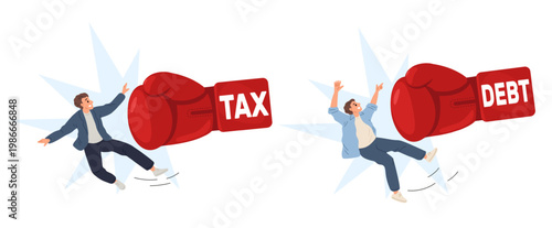 Young men knocked off their feet by red boxing glove with words tax and debt. Boxer fist attacks. Hand punch of loan pressure. Financial crisis. Businessman bankruptcy. Vector concept