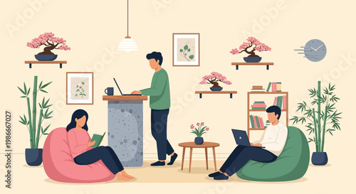 People working and relaxing in a modern home office environment.