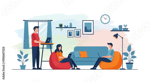 People working remotely in a modern living room setting.