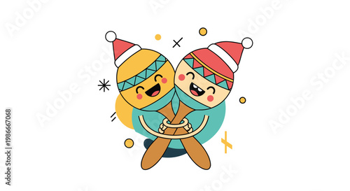 Pair of happy maraca characters wearing red santa hats and hugging each other for a festive musical celebration.