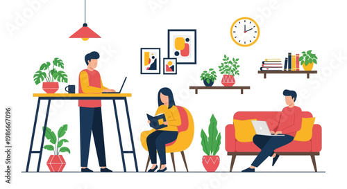 People working and relaxing in a modern home office environment.