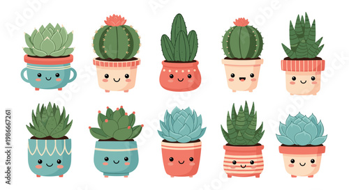 Collection of various cute cartoon succulents and cacti in decorative pots with charming faces on a white background.