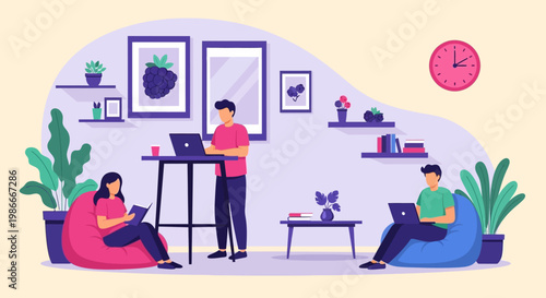 People working remotely in a modern office space.