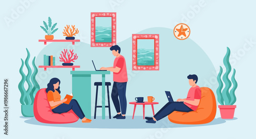 People working and reading in a cozy home office.