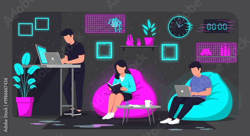 People working on laptops in a modern office space.