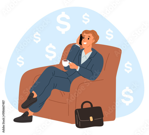 Successful businessman in suit sits in chair and talks on phone about money and business. Rich man on armchair. Dollar currency. Investment commerce success. Financial deal. Vector concept