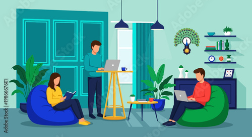 People working on laptops in a modern office space.