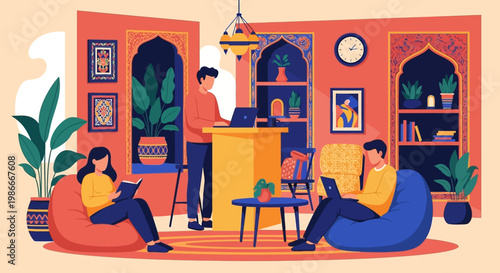 People relaxing and working in a cozy living room.