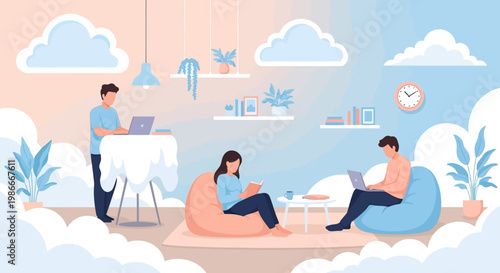 People working on laptops in a relaxed coworking space.