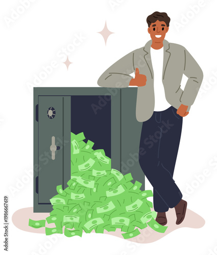Smiling, successful businessman standing next to metal safe filled with paper money. Economy prosperity. Dollar banknotes heap. Vector concept of successful business and big earnings