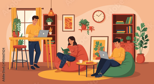 People working and studying in a cozy living room environment.