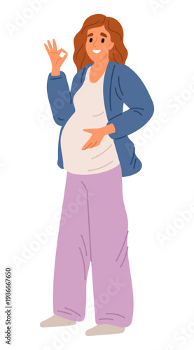 Smiling pregnant woman shows that everything is fine. Mother feels good and healthy during her pregnancy. Belly female expecting childbirth. Feminine wellbeing. Vector maternity concept