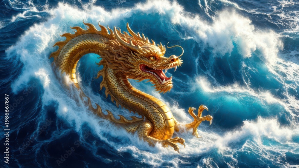 Fototapeta premium Majestic Golden Dragon Emerging from Turbulent Ocean Waves