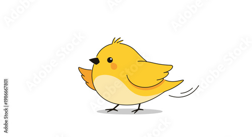 Small yellow bird with rosy cheeks and a happy expression flutters its wings in a simple cartoon drawing on white.