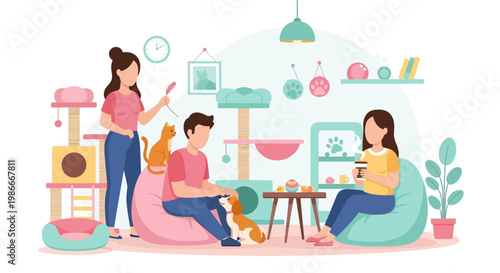 People and cats enjoying a cozy indoor space.