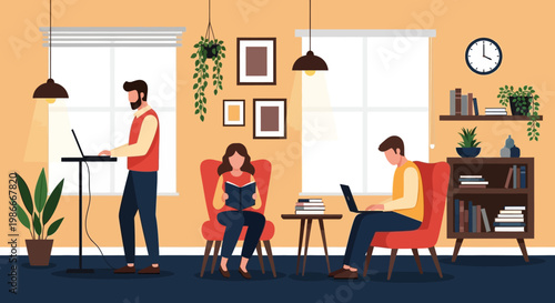 People working and reading in a cozy home office environment.