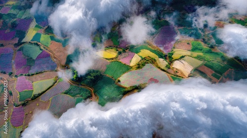 Colorful Patchwork of Agricultural Fields Surrounded by Wispy Clouds Under a Bright Sky