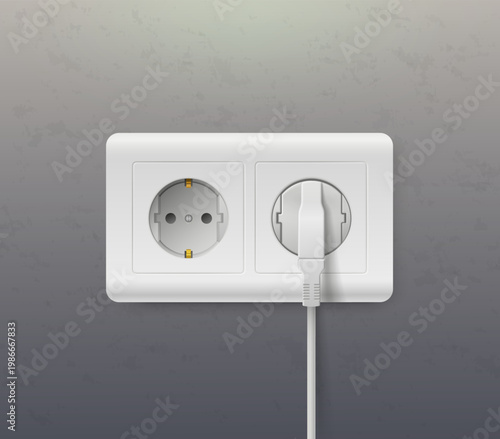 Realistic white electrical plug with sockets against gray textured wall. Outlet with power cord. Electricity charger. Appliances for connecting voltage. Vector home interior object