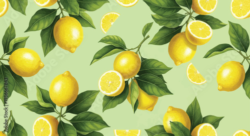 Vibrant lemons and leaves on a light green background pattern