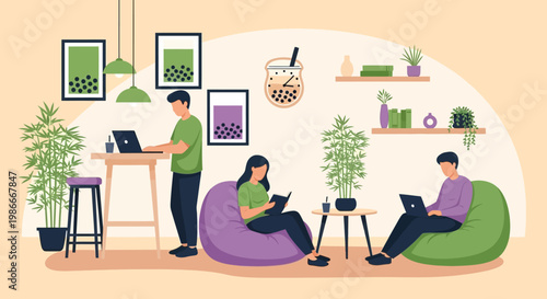 People relaxing and working in a cozy lounge area.